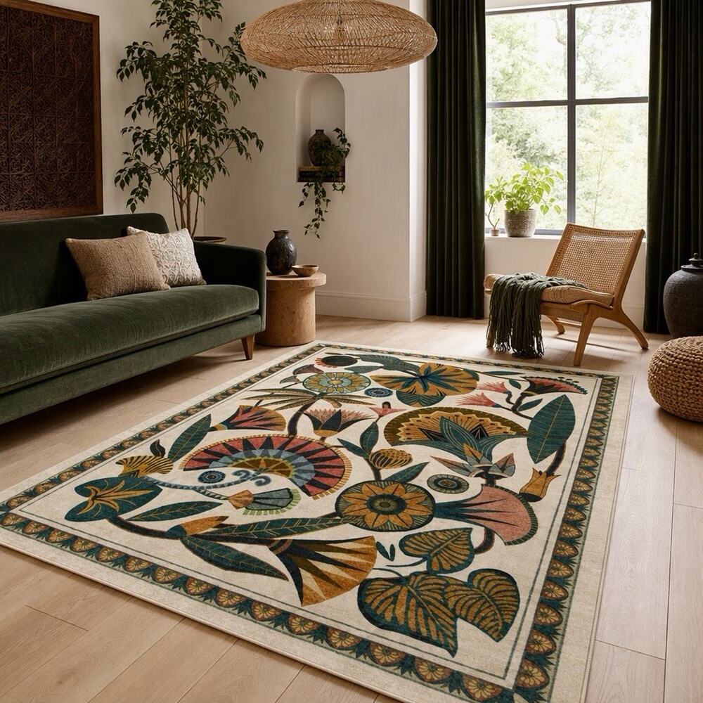 NEW Anthropologie Boho Egypt Floral Multicolor Washable Area Rug Carpet 5' x 7'
